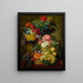 et naturtro billede af blomster og frugt, der hviler på en stenrand, med en skovlandskab i baggrunden - Georgius Jacobus Johannes van Os — indrammet kunstværk på væggen