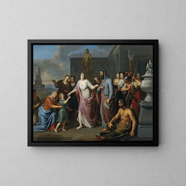 Olympia-maleri, der viser den unge Alexander den Store hos Aristoteles - Gerard Hoet — indrammet kunstværk på væggen