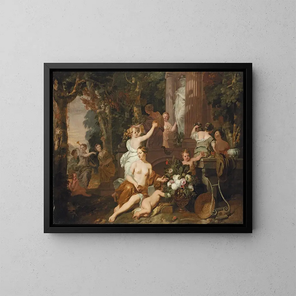 Nymphe og bacchantes, der hylder Flore-templet - Gerard de Lairesse — indrammet kunstværk på væggen