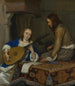 En kvinde spiller teorbe og en kavaler – Gerard ter Borch — kvinde i blåt, der spiller teorbe ved en kavaler og en åben sangbog