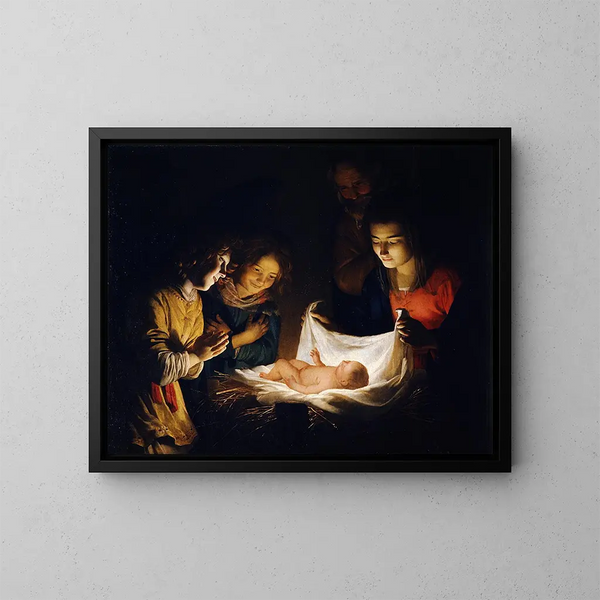 Adoration af Barnet - Gerard van Honthorst — indrammet kunstværk på væggen