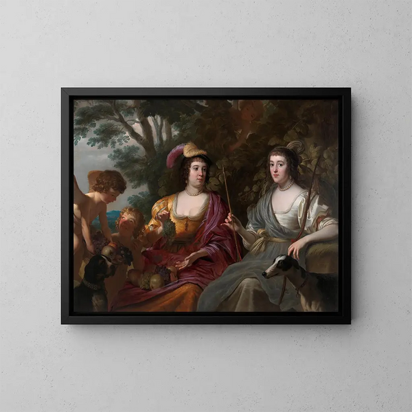 dobbeltportræt af Amalia van Solms og Charlotte de La Trmolle - Gerard van Honthorst — indrammet kunstværk på væggen