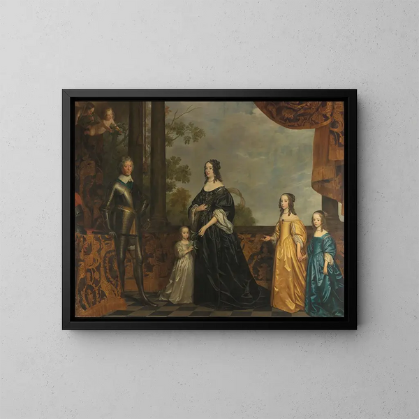 Frédéric Henri, hans kone Amélie de Solms og deres tre yngste døtre - Gerard van Honthorst — indrammet kunstværk på væggen