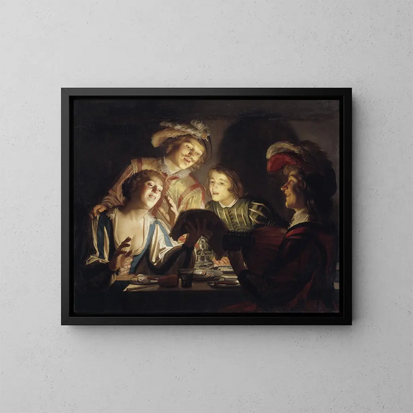 Musikgruppe maleri med stearinlys - Gerard van Honthorst — indrammet kunstværk på væggen
