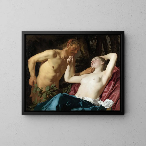 Satyr og Nymfe - Gerard van Honthorst — indrammet kunstværk på væggen