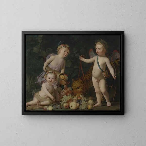 Tre børn med frugt og en jaguar - Gerard van Honthorst — indrammet kunstværk på væggen