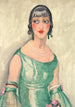 Portrait af en kvinde i grøn kjole og perler - Gerda Wegener — visning af kunstværket