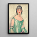 Portrait af en kvinde i grøn kjole og perler - Gerda Wegener — indrammet kunstværk på væggen