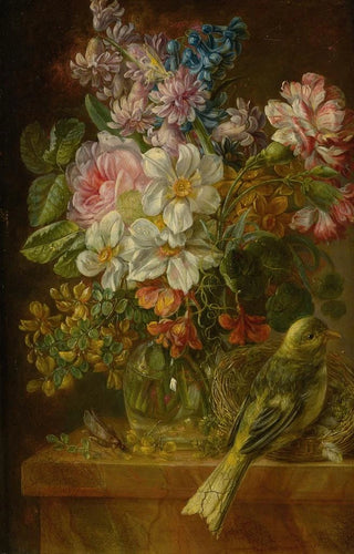 German School - Still Life Of Flowers Bird And Grasshopper On A Ledge.webp