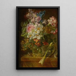 German School - Still Life Of Flowers Bird And Grasshopper On A Ledge.webp