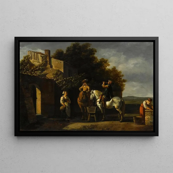 Gerrit Adriaensz Berckheyde - Cavaliers On Horseback Resting Outside An Inn With A Courtyard Beyond.webp
