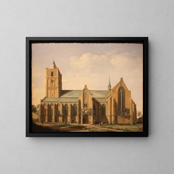 Gerrit Adriaensz Berckheyde's maleri af Noordwijk kirke — indrammet kunstværk på væggen