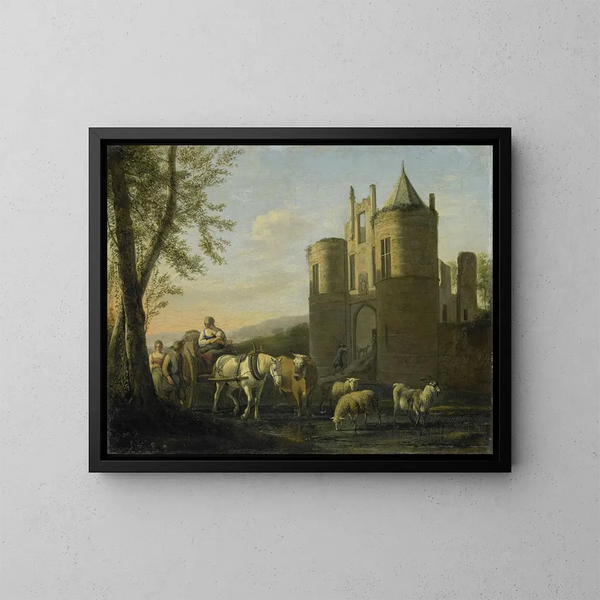 Gerrit Adriaensz Berckheyde's maleri "La porte principale du château d'Egmond" — indrammet kunstværk på væggen