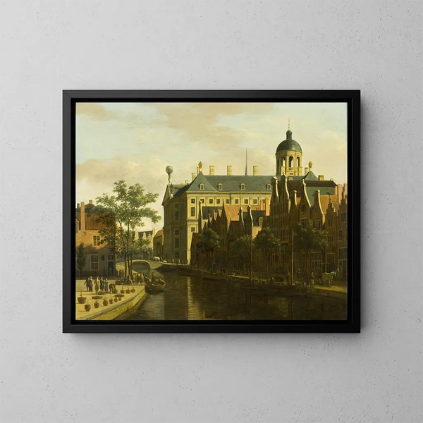 La Nieuwezijds Voorburgwal med blomster- og træmarkedet i Amsterdam - Gerrit Adriaensz Berckheyde — indrammet kunstværk på væggen
