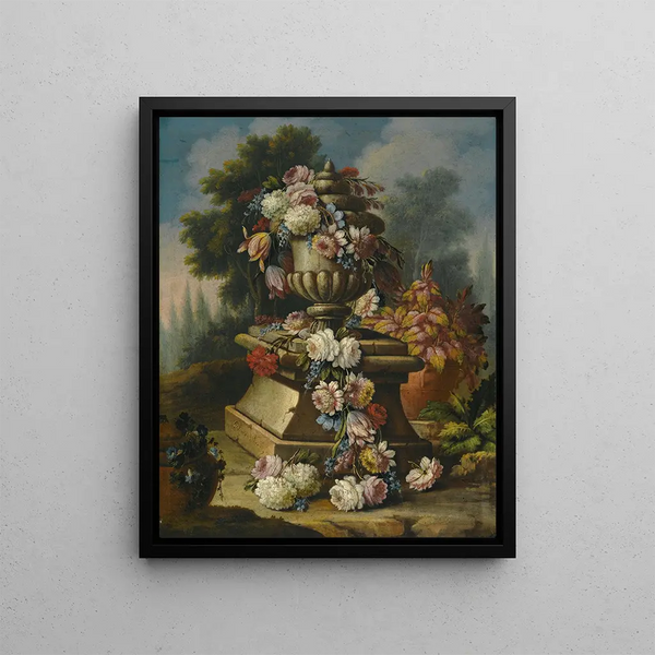 Giacomo Nani - A Still Life With A Garland Of Roses Tulips Carnations And Other Flowers Draped Around A Stone Urn In A Landscape.webp
