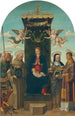 La Vierge à l'Enfant en majesté avec les saints Michel, Bernardin de Sienne, Claire et Étienne - Gian Giacomo d'Alladio — visning af kunstværket