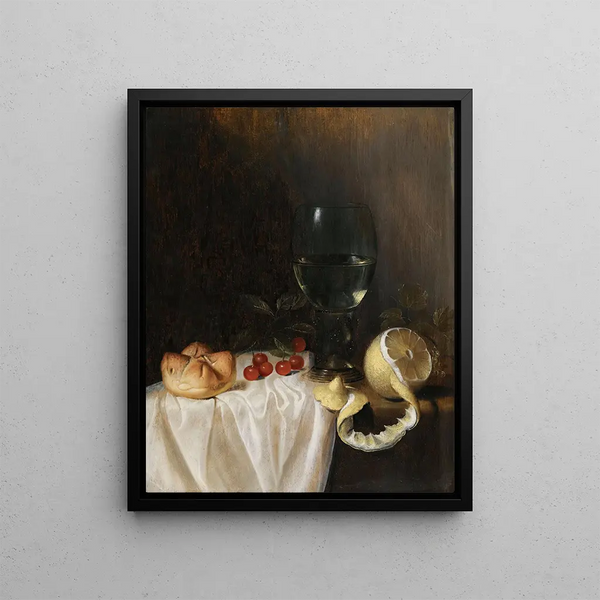 Gillis Gillisz de Bergh - A Still Life With A Roemer A Peeled Lemon Cherries And A Bread Roll On A PartlyDraped Table.webp