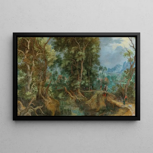 Gillis van Coninxloo - An extensive wooded landscape with a village and a town by the mountains beyond.webp
