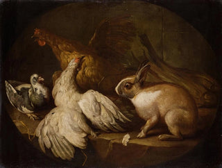 Giovanni Agostino Cassana - Hens a Pigeon and a Rabbit.webp