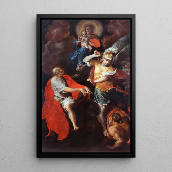 Jomfru med Barnet med Sankt Johannes Evangelisten og Sankt Michael - Giovanni Ambrogio Figino — indrammet kunstværk på væggen