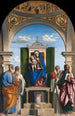 Jomfru Maria i majestætisk position med Barnet og helgenerne Peter, Romuald, Benoît og Paul - Giovanni Battista Cima da Conegliano — visning af kunstværket