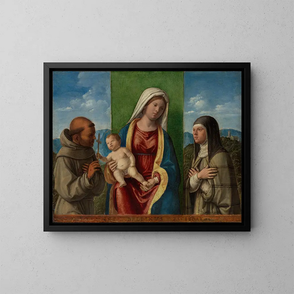 Vores kunsttryk af Jomfru Maria med Barnet med helgenerne Frans og Klara - Giovanni Battista Cima da Conegliano — indrammet kunstværk på væggen
