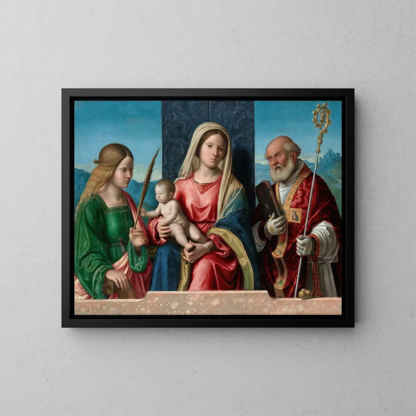 Jomfru Maria med Barnet med helgenerne Catherine og Nikolaus - Giovanni Battista Cima da Conegliano — indrammet kunstværk på væggen