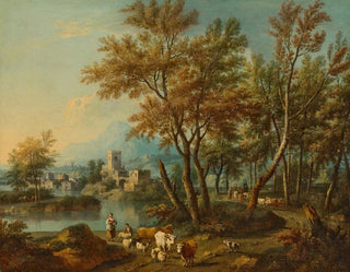 Giovanni Battista Cimaroli - An Italianate landscape with a view of Lake Garda with a shepherd and shepherdess watering their flock at a river.webp