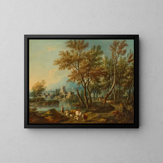 Giovanni Battista Cimaroli - An Italianate landscape with a view of Lake Garda with a shepherd and shepherdess watering their flock at a river.webp