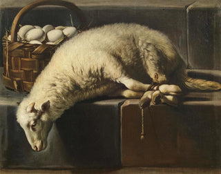 Giovanni Battista Recco - A ligated lamb besides a basket of eggs an Allegory of Easter.webp