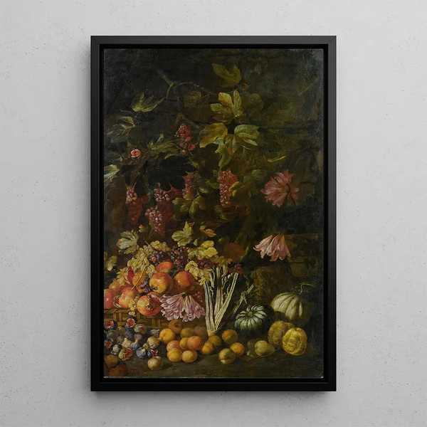 blomster- og frugtstilleben - Giovanni Battista Ruoppolo — indrammet kunstværk på væggen