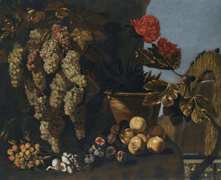 Giovanni Battista Ruoppolo - Still Life With Hanging Grapes On The Vine Figs And Fungi In A Garden Setting.webp