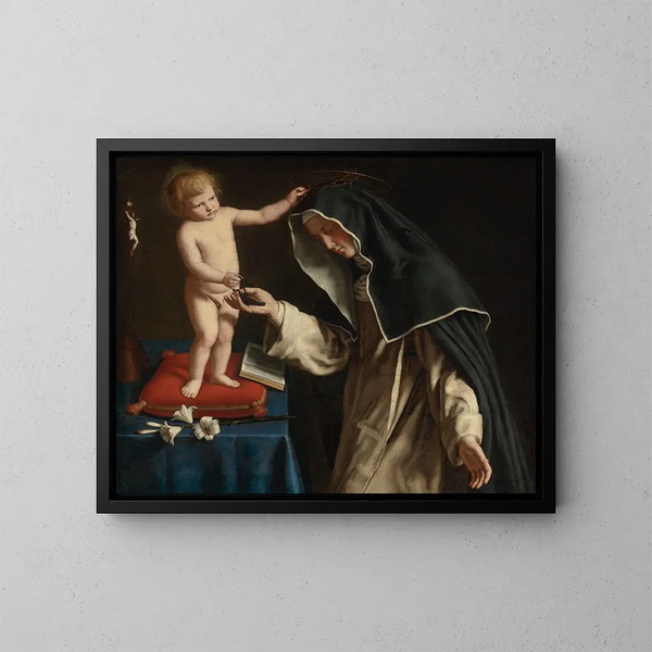 Sankt Katharina af Siena, der modtager tornekransen fra Jesusbarnet - Giovanni Battista Salvi da Sassoferrato — indrammet kunstværk på væggen