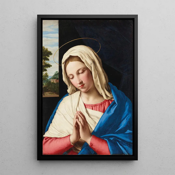 La Vierge en prière avec un paysage au-delà - Giovanni Battista Salvi da Sassoferrato — indrammet kunstværk på væggen