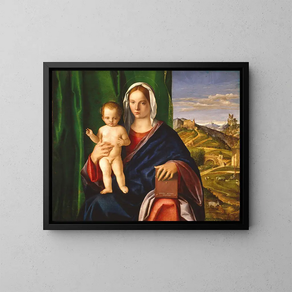 Jomfru med Barnet - Giovanni Bellini — indrammet kunstværk på væggen