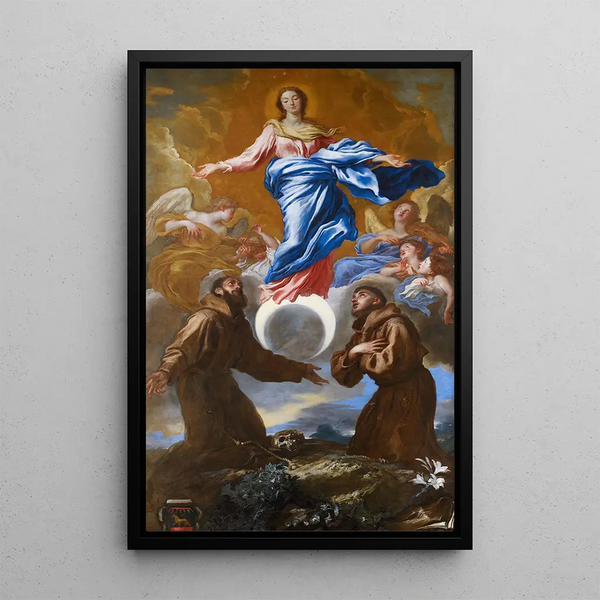 L'Immaculée Conception med helgenerne Frans af Assisi og Antonius af Padua - Giovanni Benedetto Castiglione — indrammet kunstværk på væggen