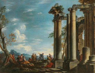 Giovanni Ghisolfi - A coastal landscape with figures by a classical ruin.webp