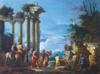 Giovanni Ghisolfi - Figures by a ruined temple with Pythagoras appearing from the cavern.webp