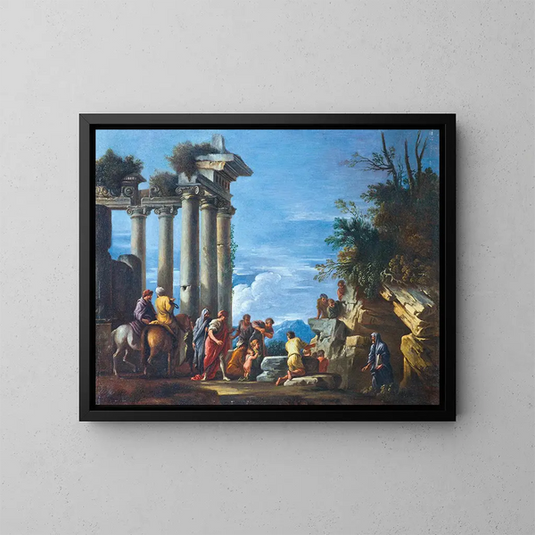Figurer nær et tempel i ruiner med Pythagoras, der dukker op fra hulen - Giovanni Ghisolfi — indrammet kunstværk på væggen