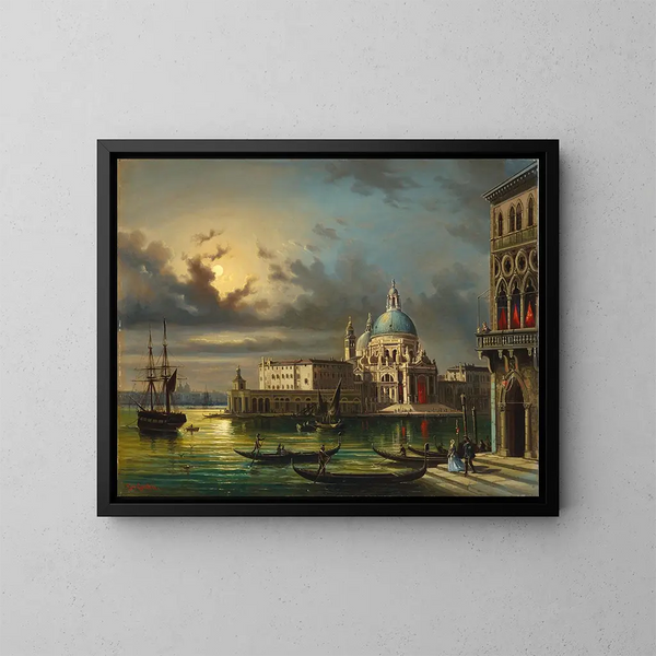 La Punta della Dogana et Santa Maria della Salute à Venise au clair de lune - Giovanni Grubacs — indrammet kunstværk på væggen
