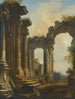 Et etisk af klassiske ruiner med tre mænd, der taler på trappen til et tempel - Giovanni Niccolò Servandoni — visning af kunstværket