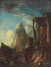 Et et afbildning af klassiske ruiner med Cestius-pyramiden i baggrunden - Giovanni Paolo Panini — visning af kunstværket