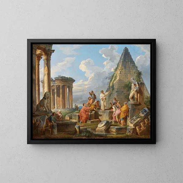 En fantasi med Sankt Paul prædiken til Romerne med Vesta-templet og Caius Cestius' pyramide - Giovanni Paolo Panini — indrammet kunstværk på væggen