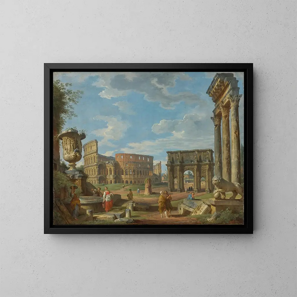 Caprice over de romerske monumenter med Colosseum og Constantinsbuen - Giovanni Paolo Panini — indrammet kunstværk på væggen