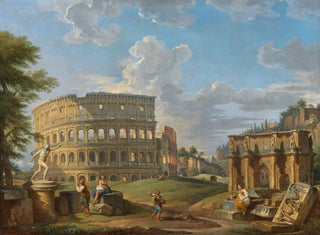 Landskab med Colosseum og Konstantinsbuen i Rom - Giovanni Paolo Panini — visning af kunstværket