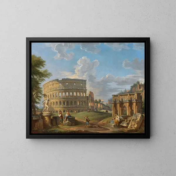 Landskab med Colosseum og Konstantinsbuen i Rom - Giovanni Paolo Panini — indrammet kunstværk på væggen