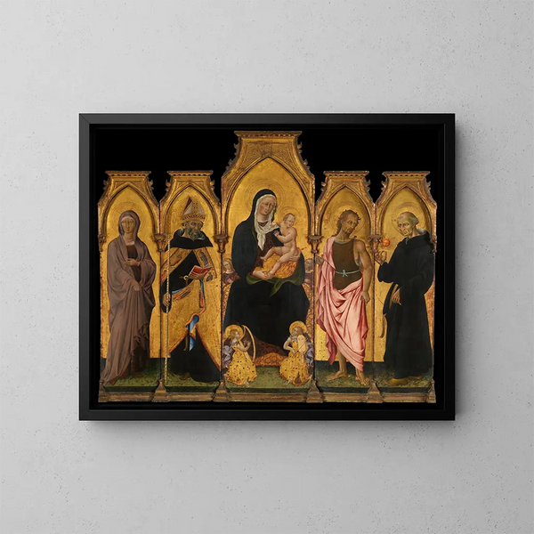 Jomfru Maria med Barnet omgivet af helgener - Giovanni di Paolo — indrammet kunstværk på væggen