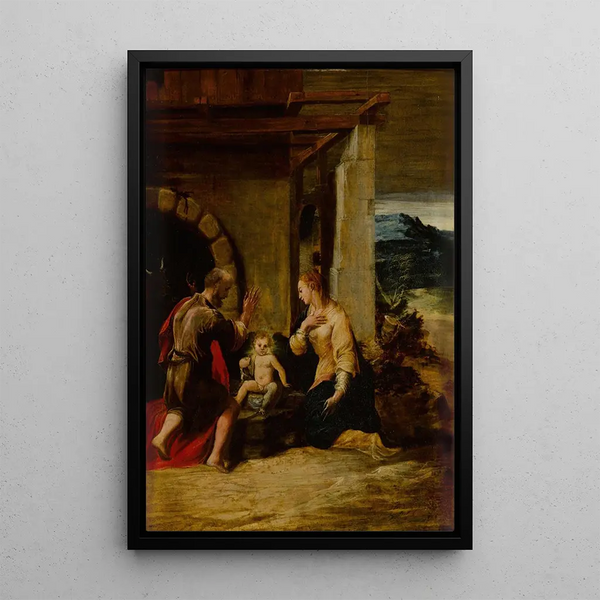 La Sainte Famille dans un paysage - Girolamo Mazzola Bedoli — indrammet kunstværk på væggen