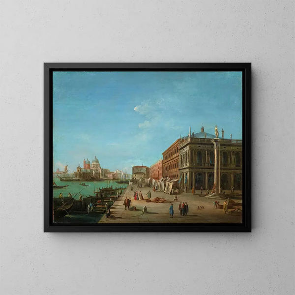 maleriet Le Molo med Palazzo della Zecca og Biblioteca Marciana, kirken Santa Maria della Salute i baggrunden - Giuseppe Bernardino Bison — indrammet kunstværk på væggen