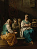 En allegori af vinteren med en ung kvinde, der spinder indendørs, og en gammel kvinde og børn, der varmer sig ved en bålplads - Giuseppe Gambarini — visning af kunstværket